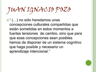 JUAN IGNACIO POZO
“ (…) no sólo heredamos unas
 concepciones culturales compartidas que
 están sometidas en estos momentos a
 fuertes tensiones de cambio, sino que para
 que esas concepciones sean posibles
 hemos de disponer de un sistema cognitivo
 que haga posible y necesario un
 aprendizaje intencional.”
 