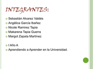 INTEGRANTES:
 Sebastián Alvarez Valdés
 Angélica García Ibañez

 Nicole Ramirez Tapia

 Makarena Tapia Guerra

 Margot Zapata Martínez



 I Año A
 Aprendiendo a Aprender en la Universidad.
 