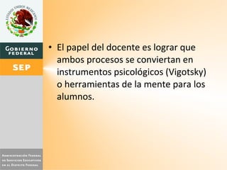 El papel del docente es lograr que ambos procesos se conviertan en instrumentos psicológicos (Vigotsky) o herramientas de la mente para los alumnos.  