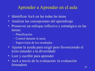 Aprender a Aprender en el aula
• Identificar AaA en las todas las áreas
• Analizar las concepciones del aprendizaje
• Promover un enfoque reflexivo y estratégico en las
tareas:
– Planificación
– Control durante la tarea
– Supervisión de los resultados
• Ajustar la ayuda para exigir pero favoreciendo el
éxito (atender a la diversidad)
• Leer y escribir para aprender
• AaA a través de la evaluación: la evaluación
formadora
14
 