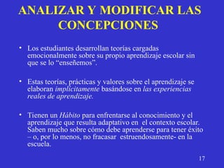 ANALIZAR Y MODIFICAR LAS
CONCEPCIONES
• Los estudiantes desarrollan teorías cargadas
emocionalmente sobre su propio aprendizaje escolar sin
que se lo “enseñemos”.
• Estas teorías, prácticas y valores sobre el aprendizaje se
elaboran implícitamente basándose en las experiencias
reales de aprendizaje.
• Tienen un Hábito para enfrentarse al conocimiento y el
aprendizaje que resulta adaptativo en el contexto escolar.
Saben mucho sobre cómo debe aprenderse para tener éxito
– o, por lo menos, no fracasar estruendosamente- en la
escuela.
17
 