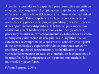 Aprender a aprender es la capacidad para proseguir y persistir en
el aprendizaje, organizar el propio aprendizaje, lo que conlleva
realizar un control eficaz del tiempo y la información, individual
y grupalmente. Esta competencia incluye la conciencia de las
necesidades y procesos del propio aprendizaje, la identificación
de las oportunidades disponibles, la habilidad para superar los
obstáculos con el fin de aprender con éxito. Incluye obtener,
procesar y asimilar nuevos conocimientos y habilidades así como
la búsqueda y utilización de una guía. A a A significa que los
estudiantes se comprometan a construir su conocimiento a partir
de sus aprendizajes y experiencias vitales anteriores con el fin
reutilizar y aplicar el conocimiento y las habilidades en una
variedad de contextos: en casa, en el trabajo, en la educación y la
instrucción. En la competencia de la persona son cruciales la
motivación y la confianza.
(Unión Europea, 2004)
5
 