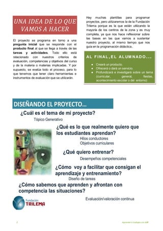 2 Aprender a trabajarcon ABP
UNA IDEA DE LO QUE
VAMOS A HACER
El proyecto se programa en torno a una
pregunta inicial que se responde con el
producto final al que se llega a través de las
tareas y actividades. Todo ello está
relacionado con nuestros criterios de
evaluación, competencias y objetivos del curso
y de la materia o materias implicadas. Y por
supuesto, se evalúa todo el proceso, para lo
que tenemos que tener claro herramientas e
instrumentos de evaluación que se utilizarán.
Hay muchas plantillas para programar
proyectos, pero utilizaremos la de la Fundación
Trilema porque es la que están utilizando la
mayoría de los centros de la zona y es muy
completa, ya que nos hace reflexionar sobre
las bases en las que vamos a sustentar
nuestro proyecto, al mismo tiempo que nos
guía en la programación didáctica..
AL F INAL ,E L AL UM NAD O ...
● Creará un producto.
● Ofrecerá o dará un servicio.
● Profundizará e investigará sobre un tema
(curricular, general, fiestas,
acontecimiento escolar o del entorno)
 