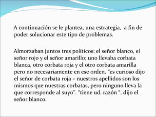 A continuación se le plantea, una estrategia,  a fin de poder solucionar este tipo de problemas.  Almorzaban juntos tres políticos: el señor blanco, el señor rojo y el señor amarillo; uno llevaba corbata blanca, otro corbata roja y el otro corbata amarilla pero no necesariamente en ese orden. “es curioso dijo el señor de corbata roja – nuestros apellidos son los mismos que nuestras corbatas, pero ninguno lleva la que corresponde al suyo”. “tiene ud. razón “, dijo el señor blanco. 