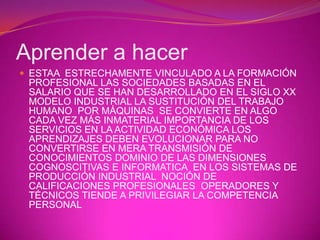 Aprender a hacerESTAA  ESTRECHAMENTE VINCULADO A LA FORMACIÓN PROFESIONAL LAS SOCIEDADES BASADAS EN EL SALARIO QUE SE HAN DESARROLLADO EN EL SIGLO XX MODELO INDUSTRIAL LA SUSTITUCIÓN DEL TRABAJO HUMANO  POR MÁQUINAS  SE CONVIERTE EN ALGO  CADA VEZ MÁS INMATERIAL IMPORTANCIA DE LOS SERVICIOS EN LA ACTIVIDAD ECONÓMICA LOS APRENDIZAJES DEBEN EVOLUCIONAR PARA NO CONVERTIRSE EN MERA TRANSMISIÓN DE CONOCIMIENTOS DOMINIO DE LAS DIMENSIONES COGNOSCITIVAS E INFORMATICA  EN LOS SISTEMAS DE PRODUCCIÓN INDUSTRIAL  NOCIÓN DE CALIFICACIONES PROFESIONALES  OPERADORES Y TÉCNICOS TIENDE A PRIVILEGIAR LA COMPETENCIA PERSONAL 