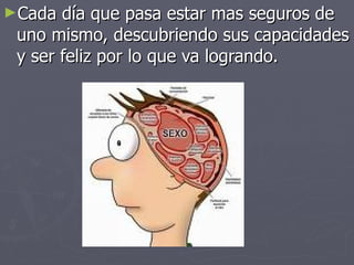 Cada día que pasa estar mas seguros de uno mismo, descubriendo sus capacidades y ser feliz por lo que va logrando.  