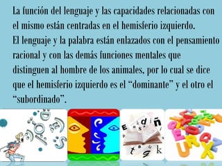 La función del lenguaje y las capacidades relacionadas con
el mismo están centradas en el hemisferio izquierdo.
El lenguaje y la palabra están enlazados con el pensamiento
racional y con las demás funciones mentales que
distinguen al hombre de los animales, por lo cual se dice
que el hemisferio izquierdo es el “dominante” y el otro el
“subordinado”.
 