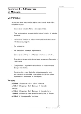 13
Aprender a Empreender
Anotações
Encontro 1 – A Estrutura
do Mercado
Competências
O propósito deste encontro é que você, participante, desenvolva
competência para:
Desenvolver a autoconfiança e a independência.
Ficar sempre atento a oportunidades e ter a iniciativa de planejar
e realizar.
Desenvolver o hábito de buscar informações e atualizar-se em
relação ao seu negócio.
Ser persistente.
Ser persuasivo, utilizando argumentação.
Desenvolver o hábito de estabelecer uma rede de contatos.
Entender os componentes do mercado: consumidor, fornecedor e
concorrente.
Compreender a importância de conhecer as necessidades e
desejos dos clientes.
Compreender a importância das ações de pesquisa junto
aos mercados, consumidor, fornecedor e concorrente para a
implantação e perenidade de um negócio.
Roteiro
Atividade 1: Estudo de Caso – Leitura Individual
Atividade 2: Exposição Oral – Estrutura do Mercado
Intervalo
Atividade 2: Exposição Oral – Estrutura do Mercado (cont.)
Atividade 3: Estudo de caso – Exercício em Grupos e Debates
Atividade 4: Auto-avaliação - Individual
•
•
•
•
•
•
•
•
•
 