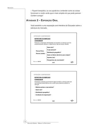 16
 Educação Sebrae – Manual do Participante
Anotações
– Fiquem tranqüilos, eu vou ajudá-los a entender como as coisas
funcionam e vocês verão que é mais simples do que pode parecer.
Contem comigo!
Atividade 2 – Exposição Oral
Você assistirá a uma exposição oral interativa do Educador sobre a
estrutura do mercado.
 