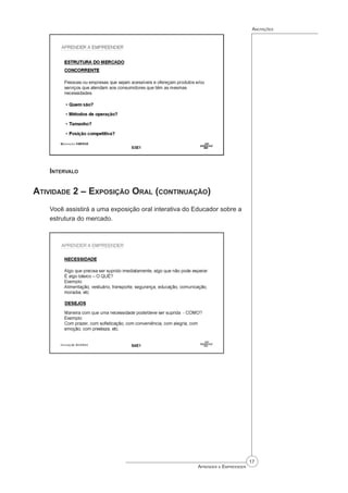 17
Aprender a Empreender
Anotações
Intervalo
Atividade 2 – Exposição Oral (continuação)
Você assistirá a uma exposição oral interativa do Educador sobre a
estrutura do mercado.
 