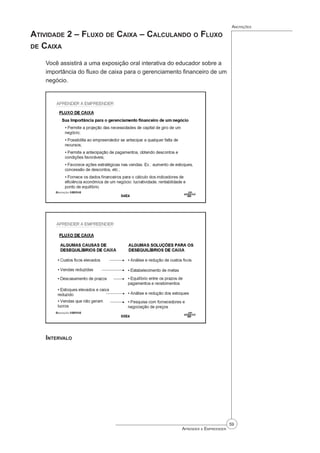 59
Aprender a Empreender
Anotações
Atividade 2 – Fluxo de Caixa – Calculando o Fluxo
de Caixa
Você assistirá a uma exposição oral interativa do educador sobre a
importância do fluxo de caixa para o gerenciamento financeiro de um
negócio.
Intervalo
 