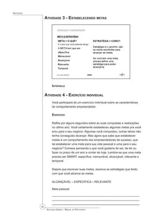 76
 Educação Sebrae – Manual do Participante
Anotações
Atividade 3 - Estabelecendo metas
Intervalo
Atividade 4 - Exercício individual
Você participará de um exercício individual sobre as características
do comportamento empreendedor.
Exercício
Reflita por alguns segundos sobre as suas conquistas e realizações
no último ano. Você certamente estabeleceu algumas metas pra você
e/ou para o seu negócio. Algumas você conquistou, outras talvez não
tenha conseguido alcançar. Mas agora que sabe que estabelecer
metas é um comportamento dos empreendedores de sucesso, que
tal estabelecer uma meta para sua vida pessoal e uma para o seu
negócio? Comece pensando o que você gostaria de ser, de ter ou
fazer no prazo de um ano a contar de hoje. Lembre-se que uma meta
precisa ser SMART, específica, mensurável, alcançável, relevante e
temporal.
Depois que escrever suas metas, escreva as estratégias que farão
com que você alcance as metas.
ALCANÇÁVEL – ESPECÍFICA – RELEVANTE
Meta pessoal
-------------------------------------------------------------------------------------------
-------------------------------------------------------------------------------------------
----------------------------------------------------------------------------------------------------------------------------------------------
 