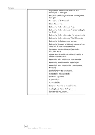 88
 Educação Sebrae – Manual do Participante
Anotações
Capacidade Produtiva, Comercial e/ou
Prestação de Serviços.
Processo de Produção e/ou de Prestação de
Serviços
Necessidade de Pessoal.
Plano Financeiro.
Estimativa de Investimento Fixo.
Estimativa de Investimento Financeiro (Capital
de Giro).
Estimativa de Investimentos Pré-operacionais.
Estimativa de Investimento Total (Resumo).
Estimativa de Faturamento Mensal.
Estimativa de custo unitário de matéria-prima,
materiais diretos e terceirizações.
Custos de Comercialização (comissão,
impostos, etc.)
Apuração dos custos de materiais diretos e
mercadorias vendidas.
Estimativa dos Custos com Mão-de-obra.
Estimativa do Custo com Depreciação.
Estimativa dos Custos Fixos Operacionais
Mensais.
Demonstrativo de Resultados.
Indicadores de Viabilidade.
Ponto de Equilíbrio.
Lucratividade.
Rentabilidade.
Prazo de Retorno do Investimento.
Avaliação do Plano de Negócio.
Construção do Cenário.
 