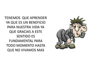 TENEMOS QUE APRENDER
YA QUE ES UN BENEFICIO
PARA NUESTRA VIDA YA
QUE GRACIAS A ESTE
SENTIDO ES
FUNDAMENTAL PARA
TODO MOMENTO HASTA
QUE NO VIVAMOS MAS