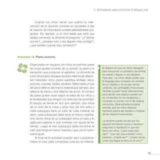 99
3. Actividades para promover la lengua oral
Cuando los niños narran sus sueños la inter-
vención de la docente consiste en ayudarles a dar
el máximo de información posible planteándoles pre-
guntas. Por ejemplo, si un niño relata que soñó que
estaba corriendo, la docente le pregunta: “¿Y dónde
corrías?, ¿estabas solo o iba alguien más contigo?,
¿qué sentías cuando ibas corriendo?”
Actividad 19. Pares sonoros
Organizados en equipos, los niños encuentran pares
de cosas iguales a través de su sonido, su peso y la
sensación que producen al agitarlos. La docente da
a los niños tubos de papel sanitario rellenos de diferen-
tes materiales: arroz, pasta, piedritas, lentejas, tierra,
botones, crayolas, frijoles, etcétera. Debe haber un par
de tubos rellenos del mismo material (por ejemplo, dos
rellenos de tierra y dos rellenos de arroz). El número
de pares puede variar según la edad de los niños y
la familiaridad que tengan con este tipo de actividad.
El equipo se divide en dos (por ejemplo, dos niños
de un lado de la mesa y otros dos del otro lado) y
cada subequipo tiene un tubo de cada material; es
decir, cada subequipo debe tener el mismo material.
Uno de los niños de un subequipo toma un tubo y lo
agita para adivinar lo que contiene, con ayuda de los
demás. Luego el otro subequipo debe encontrar el
tubo que tenga el mismo material y que, por lo tanto,
suene igual.
Al final de la actividad pueden abrir cuidadosa-
mente el tubo para comprobar cuál era el material.
El objetivo es que los niños dialoguen
para solucionar un problema (encontrar
los pares) y lleguen a una decisión.
Para esto, los niños deben poder usar
el lenguaje para comparar los sonidos
de los objetos y, en el caso de las
variantes, las cantidades involucradas.
También pueden hacer descripciones
para decidir qué objetos pueden ser
los contenidos en los recipientes y
comparar su sonido con el de objetos
conocidos. Esta actividad propicia
también que los niños elaboren
hipótesis acerca del tamaño y material
de los objetos involucrados.
La docente puede circular por los
equipos brindando ayuda y haciendo
preguntas o repitiendo lo que han
dicho los niños. “¿Qué crees que
sea?” “Juan dijo que sonaban como
piedritas. ¿Puede ser?” “¿Hasta dónde
crees que llegue la tierra en el tubo?”
 