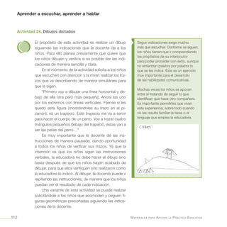 Aprender a escuchar, aprender a hablar
Materiales para Apoyar la Práctica Educativa112
Actividad 24. Dibujos dictados
El propósito de esta actividad es realizar un dibujo
siguiendo las indicaciones que la docente da a los
niños. Para ello planea previamente qué quiere que
los niños dibujen y verifica si es posible dar las indi-
caciones de manera sencilla y clara.
En el momento de la actividad solicita a los niños
que escuchen con atención y la miren realizar los tra-
zos que va describiendo de manera simultánea para
que la sigan.
“Primero voy a dibujar una línea horizontal y de-
bajo de ella otra pero más pequeña. Ahora las uno
por los extremos con líneas verticales. Fíjense si les
quedó esta figura (mostrándoles su trazo en el pi-
zarrón), es un trapecio. Este trapecio me va a servir
para hacer el cuerpo de un perro. Voy a trazar cuatro
triángulos pequeños debajo del trapecio, éstas van a
ser las patas del perro…”
Es muy importante que la docente dé las ins-
trucciones de manera pausada, dando oportunidad
a todos los niños de verificar sus trazos. Ya que la
intención es que los niños sigan las instrucciones
verbales, la educadora no debe hacer el dibujo sino
hasta después de que los niños hayan acabado de
dibujar, para que ellos verifiquen si lo realizaron como
la educadora lo indicó. Al dibujar, la docente puede ir
repitiendo las instrucciones, de manera que los niños
puedan ver el resultado de cada indicación.
Una variante de esta actividad se puede realizar
solicitándole a los niños que acomoden y peguen fi-
guras geométricas precortadas siguiendo las indica-
ciones de la docente.
Seguir indicaciones exige mucho
más que escuchar. Conforme se siguen,
los niños tienen que ir comprendiendo
los propósitos de su interlocutor
para poder proceder con éxito, aunque
no entiendan palabra por palabra lo
que se les indica. Éste es un ejercicio
muy importante para el desarrollo
de las habilidades comunicativas.
Muchas veces los niños se apoyan
entre sí tratando de seguir lo que
identifican que hace otro compañero.
Es importante permitirles que vivan
esta experiencia, sobre todo cuando
no les resulta familiar la tarea o el
lenguaje que emplea la educadora.
 