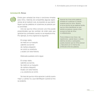 115
3. Actividades para promover la lengua oral
Actividad 26. Rimas
Existe gran variedad de rimas o canciones rimadas
para niños. Además de compartirles algunas expre-
siones de la tradición oral, el propósito es que identi-
fiquen que las palabras en ocasiones se parecen por
su sonoridad.
Una vez que los niños conocen una rima puede
proponérseles que las cambien de orden para que
aprecien los contrastes cuando no se respeta la rima.
Por ejemplo, la rima original es la siguiente:
El conejo rabito
se metió en su huequito
calentito se durmió
de mañana despertó
se comió su zanahoria
y acabó con esta historia.
Dislocada quedaría como sigue:
El conejo rabito,
calentito se durmió.
Se metió en su huequito
de mañana despertó
Acabó con esta historia
y su zanahoria se comió.
Se trata de que los niños aprecien cuándo suena
mejor y cuándo no y que identifiquen cuando la rima
es evidente.
Apreciar las rimas entre palabras
similares en ocasiones no resulta
evidente para los niños. Mostrar
la forma escrita de las palabras facilita
que los niños identifiquen en qué
sentido se parecen cuando riman,
aunque se trate de niños
no alfabetizados.
Poner énfasis en las rimas o las
repeticiones, usando tipos o colores
distintos de letra o subrayados,
puede propiciar que los niños piensen
y descubran por sí mismos las
similitudes entre las palabras.
 