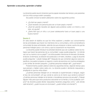 Aprender a escuchar, aprender a hablar
Materiales para Apoyar la Práctica Educativa130
La docente puede resumir diciendo que los papás necesitan dar tiempo y ser pacientes
con los niños aunque estén cansados.
Se puede concluir la sesión platicando sobre los siguientes puntos:
•	 ¿Es fácil ser papá o mamá?
•	 ¿Qué necesita una persona para ser un buen papá o mamá?
•	 ¿Qué tan grande necesita ser alguien para poderse cuidar a sí mismo y vivir
solo, sin ayuda?
•	 ¿Sería fácil que un niño o un joven adolescente fuera un buen papá o una
buena mamá?
Sesión 3
En esta sesión el objetivo es que los niños exploren y amplíen sus conocimientos
de las actividades que hacen los miembros de su comunidad y cómo se beneficia la
comunidad de esas actividades, además de que empiecen a darse cuenta de que las
personas trabajan para o con otros y que la cooperación es importante.
La docente puede introducir la actividad diciendo que van a platicar sobre los tra-
bajos que hacen las personas de su comunidad. Luego puede preguntar: “¿A dónde
van con su mamá o con su papá?” Los niños pueden mencionar el mercado o la tienda,
el doctor, la farmacia, la estación de autobuses o el metro, etcétera. Luego la docente
puede preguntar: “¿Quién trabaja allí?” Después de que comenten algunos casos es-
pecíficos, se puede comparar un negocio o centro de servicios con muchos empleados
y otro similar de tamaño pequeño: ¿cuántas personas trabajan allí?, ¿qué hacen?
Posteriormente pueden platicar sobre los siguientes temas, dejando tiempo para
que piensen y hablen sobre cada uno. La docente puede ir elicitando respuestas y
ampliando lo que los niños dicen:
¿Cuántas personas trabajan en un mercado (o supermercado o tianguis, según
el tipo de comunidad)? ¿El que vende la carne es el mismo que vende la verdura?
¿Cuántas personas trabajan en la tienda o miscelánea cercana a la escuela? ¿Trabajó
alguien más para que esos productos estuvieran en la tienda y tú los pudieras com-
prar? (la docente puede elicitar respuestas haciendo preguntas como: “¿De dónde
salió la leche?, ¿quién la puso en el envase?, ¿quién la llevó a la tienda?”).
 