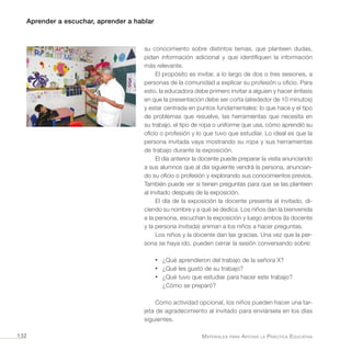 Aprender a escuchar, aprender a hablar
Materiales para Apoyar la Práctica Educativa132
su conocimiento sobre distintos temas, que planteen dudas,
pidan información adicional y que identifiquen la información
más relevante.
El propósito es invitar, a lo largo de dos o tres sesiones, a
personas de la comunidad a explicar su profesión u oficio. Para
esto, la educadora debe primero invitar a alguien y hacer énfasis
en que la presentación debe ser corta (alrededor de 10 minutos)
y estar centrada en puntos fundamentales: lo que hace y el tipo
de problemas que resuelve, las herramientas que necesita en
su trabajo, el tipo de ropa o uniforme que usa, cómo aprendió su
oficio o profesión y lo que tuvo que estudiar. Lo ideal es que la
persona invitada vaya mostrando su ropa y sus herramientas
de trabajo durante la exposición.
El día anterior la docente puede preparar la visita anunciando
a sus alumnos que al día siguiente vendrá la persona, anuncian-
do su oficio o profesión y explorando sus conocimientos previos.
También puede ver si tienen preguntas para que se las planteen
al invitado después de la exposición.
El día de la exposición la docente presenta al invitado, di-
ciendo su nombre y a qué se dedica. Los niños dan la bienvenida
a la persona, escuchan la exposición y luego ambos (la docente
y la persona invitada) animan a los niños a hacer preguntas.
Los niños y la docente dan las gracias. Una vez que la per-
sona se haya ido, pueden cerrar la sesión conversando sobre:
•	 ¿Qué aprendieron del trabajo de la señora X?
•	 ¿Qué les gustó de su trabajo?
•	 ¿Qué tuvo que estudiar para hacer este trabajo?
¿Cómo se preparó?
Como actividad opcional, los niños pueden hacer una tar-
jeta de agradecimiento al invitado para enviársela en los días
siguientes.
 