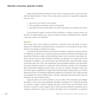 Aprender a escuchar, aprender a hablar
Materiales para Apoyar la Práctica Educativa150
Luego procede platicar el trayecto de la casa a la escuela, para lo que la docente
elicitará descripciones. Puede iniciar cada parte usando las siguientes preguntas
(una por una):
•	 ¿Qué ven en el camino a la escuela?
•	 ¿De qué platican mientras vienen a la escuela?
•	 ¿Les gusta caminar a la escuela? ¿Por qué? ¿Les gusta ir en autobús o en auto?
Si hay tiempo la sesión puede terminar haciendo un dibujo de ellos yendo a la
escuela. Es ideal pedirles que, antes de dibujar, piensen cuidadosamente y dibujen
cosas que verían a su alrededor.
Sesión 2
Esta sesión tiene como objetivos reconocer y describir cómo se siente el cuerpo
después de diferentes actividades físicas y avanzar en el conocimiento de que hacer
ejercicio nos ayuda a mantenernos sanos.
La primera actividad requiere de recortes de revistas o periódicos de buen tamaño
(o imágenes de libros) que muestren personas haciendo diferentes actividades que
demandan diferentes niveles de actividad física (leer, correr, caminar, hacer algún de-
porte, cocinar, estar en clase, hablar por teléfono, por ejemplo). En cada una los niños
interpretan la imagen y van mencionando qué está haciendo cada personaje. Luego
la docente pide a los niños que identifiquen qué actividades piensan que demandan
de mayor energía o esfuerzo y cuáles de menor esfuerzo y energía. Si la educadora
tiene suficientes imágenes puede dividir al grupo en equipos pequeños para que
los niños hagan la clasificación y luego retomar la actividad en grupo total y ver si todos
están de acuerdo. Va poniendo diferentes imágenes en el pizarrón. De un lado pone las
que requieren de menor esfuerzo físico y del otro, separadas del primer grupo, las que
requieren de mayor esfuerzo físico.
Luego propone a los niños verificar si es así. Pide a tres voluntarios que salgan
del salón y corran dos veces alrededor del patio de juegos (o lo suficiente para que
su corazón se agite). Cuando regresan les pide a estos niños que describan cómo
sienten su corazón y pide a alguno de los niños que permanecieron sentados que lo
verifique, poniendo su mano en el pecho de alguno de los corredores. La docente
 