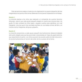 157
4. Secuencias didácticas ligadas a los campos formativos
Esta secuencia se realiza a través de una organización en grupos pequeños (de tres
integrantes) en la que los niños toman diferentes turnos para la cooperación en el trabajo.
Sesión 1
La docente plantea a los niños que realizarán un compendio de cuentos favoritos
del grupo, para lo que cada grupo pequeño elegirá un cuento que conozca bien y le
guste. En este contexto los niños ojean y repasan cuentos para identificar con cuál
trabajarán. Una vez que lo han acordado escriben en una tarjeta el título del libro y el
nombre de los integrantes del grupo pequeño.
Sesión 2
La docente proporciona a cada grupo pequeño las ilustraciones (desacomodadas)
del cuento elegido para que las acomoden colocándolas en hojas de papel sobre las
que reescribirán el cuento. Los niños se ponen de acuerdo sobre el orden de acomo-
do de las ilustraciones en función del orden de los sucesos de la trama.
 
