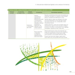 169
4. Secuencias didácticas ligadas a los campos formativos
Prácticas sociales, campos formativos, competencias y aprendizajes esperados en el PEP
Prácticas
sociales
Lo que pone
en juego el niño
Campos
formativos
Competencia Aprendizajes esperados
Exploración
y conocimiento
del mundo
Observa
características
relevantes de
elementos del medio
y de fenómenos
que ocurren en la
naturaleza, distingue
semejanzas y
diferencias y las
describe con sus
propias palabras.
Describe características de los seres vivos (partes que
conforman una planta o un animal) y el color, tamaño,
textura y consistencia de elementos no vivos.
Identifica algunos rasgos que distinguen a los seres
vivos de los elementos no vivos del medio natural:
que nacen de otro ser vivo, se desarrollan, tienen
necesidades básicas.
Clasifica elementos y seres de la naturaleza según sus
características, según el número de patas, si habitan
en el mar o en la tierra, si se arrastran, si son vegetales
comestibles o plantas de ornato, entre otros.
Busca soluciones
y respuestas
a problemas y
preguntas acerca
del mundo natural.
Elabora explicaciones propias para preguntas que
surgen de sus reflexiones, de las de sus compañeros
o de otros adultos sobre el mundo que le rodea,
cómo funcionan y de qué están hechas las cosas.
Propone qué hacer para indagar y saber acerca
de los seres vivos y los procesos del mundo natural.
 