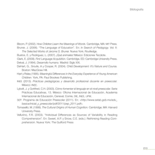 213
Bibliografía
Bloom, P. (2002). How Children Learn the Meanings of Words. Cambridge, MA: MIT Press.
Bruner, J. (2006). “The Language of Education”. En: In Search of Pedagogy. Vol. II:
The Selected Works of Jerome S. Bruner. Nueva York: Routledge.
Bustos, E. y Rodríguez, L. (2007). ¡Qué animales! México: Ediciones Tecolote.
Clark, E. (2009). First Language Acquisition. Cambridge, ED: Cambridge University Press.
Delval, J. (1994). Desarrollo humano. Madrid: Siglo XXI.
DeHart, G., Sroufe, A y Cooper, R. (2004). Child Development: It’s Nature and Course.
Boston: MacGraw Hill.
Hart y Risley (1995). Meaningful Differences in the Everyday Experience of Young American
Children. York, PA: Paul Brookes Publishing.
INEE (2013). Prácticas pedagógicas y desarrollo profesional docente en preescolar.
México: INEE.
Lybolt, J. y Gottfred, C.H. (2003). Cómo fomentar el lenguaje en el nivel preescolar. Serie
Prácticas Educativas, 13. México: Oficina Internacional de Educación, Academia
Internacional de Educación, Ceneval, Comie, DIE, INEE, UPM.
SEP. Programa de Educación Preescolar (2011). En: http://www.setab.gob.mx/edu_
basica/inicial_y_preescolar/pdf/2011/pep_2011.pdf.
Tomasello, M. (1999). The Cultural Origins of Human Cognition. Cambridge, MA: Harvard
University Press.
Vellutino, F.R. (2003). “Individual Differences as Sources of Variability in Reading
Comprehension”. En: Sweet, A.P. y Snow, C.E. (eds.). Rethinking Reading Com-
prehension. Nueva York: The Guilford Press
 