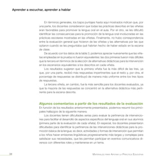 Aprender a escuchar, aprender a hablar
Materiales para Apoyar la Práctica Educativa34
En términos generales, los bajos puntajes hasta aquí mostrados indican que, por
una parte, los docentes consideraron que todas las prácticas descritas en las viñetas
eran favorables para promover la lengua oral en el aula. Por el otro, se les dificultó
identificar las consecuencias para la promoción de la lengua oral involucradas en las
prácticas escolares mostradas en las viñetas. Finalmente, no hubo correspondencia
entre la evaluación general que hicieron de las viñetas y las alternativas por las que
optaron cuando se les preguntaba qué habrían hecho de haber estado en la escena
de clase.
De acuerdo con los datos de la tabla 3, podemos apreciar nuevamente que las viñe-
tas empleadas en la prueba no fueron equivalentes: las dos primeras fueron más difíciles
que la tercera en términos de la elección de alternativas didácticas para la intervención
en los escenarios equivalentes a los descritos en cada viñeta.
Los resultados sugieren que la primera viñeta fue la más difícil de las tres, ya
que, por una parte, recibió más respuestas impertinentes que el resto y, por otra, el
porcentaje de respuestas se distribuyó de manera más uniforme entre los tres tipos
de respuestas.
La tercera viñeta, en cambio, fue la más sencilla para los docentes evaluados, ya
que la mayoría de las respuestas se concentró en la alternativa didáctica más perti-
nente para la escena descrita.
Algunos comentarios a partir de los resultados de la evaluación
En función de los resultados anteriormente presentados, podemos resumir los princi-
pales hallazgos de la siguiente manera:
Los docentes tienen dificultades serias para evaluar la pertinencia de intervencio-
nes para facilitar el desarrollo de aspectos específicos del lenguaje oral en sus alumnos
(primera parte de la evaluación de cada viñeta). En especial, los docentes presentaron
dificultades para identificar la pertinencia de las intervenciones didácticas para la pro-
moción básica de la lengua; es decir, actividades o formas de intervención que permitan
a los niños hacer emisiones lingüísticas progresivamente más largas y complejas para
satisfacer sus necesidades, que les permitan participar en eventos comunicativos di-
versos con diferentes roles y mantenerse en un tema.
 