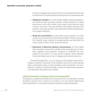 Aprender a escuchar, aprender a hablar
Materiales para Apoyar la Práctica Educativa48
producir un lenguaje más o menos formal. Es una manera de estimular que
los niños tomen en cuenta el punto de vista de los otros y la jerarquía social.
•	 Categorías sociales: los niños pueden adoptar diferentes papeles y
las formas de hablar que éstos suponen. Implica situarse en un papel
determinado: como niño o adulto, como amigo, como hermano mayor
o menor, como niño o niña, pero también como médico, plomero u otra
profesión. Se puede favorecer esta capacidad mediante dramatizacio-
nes o juegos simbólicos.
•	 Grado de conocimiento: los niños saben que los adultos y los niños
mayores son una fuente de conocimiento confiable. Desde muy peque-
ños muestran mayor confianza en aquellos adultos que responden con
mayor certeza y dudan menos al dar información.
•	 Exposición a diferentes géneros comunicativos: los niños deben
estar expuestos a situaciones variadas en las que tengan que ser ama-
bles y agradar a otros, persuadir, “amigarse” o contentarse con otro,
justificar lo que hicieron o lo que sienten o piensan. Estas diferentes
intenciones exigen que se use un lenguaje particular para cada una.
El desarrollo pragmático, a su vez, empuja y hace posible el desarrollo fo-
nológico, sintáctico y semántico. En la medida en que el niño intenta expresar
ideas y sentimientos cada vez más complejos y trata de entender y ser com-
prendido, modifica su manera de hablar en todos los aspectos para ajustarse
a las demandas de aquellos que lo rodean.
¿Cómo promover la lengua oral en el preescolar?
El lenguaje se usa generalmente para comunicarse con otros. Las diferentes maneras
de hablar y escuchar, leer y escribir en un contexto y con una intención determinada
están organizadas en lo que denominaremos prácticas sociales del lenguaje.
 
