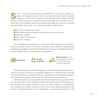 63
3. Actividades para promover la lengua oral
S
i bien es cierto que los humanos acompañamos la mayoría de nuestras ac-
ciones con lenguaje y que los niños se ven estimulados por estos contextos
cotidianos, como lo hemos mostrado con anterioridad, el desarrollo de la lengua
oral es un área curricular muy importante que necesita atención ex profeso. Este ca-
pítulo tiene como propósito describir actividades puntuales para promover la lengua
oral, atendiendo, sobre todo, cinco prácticas sociales fundamentales:
1 	Escuchar y ponerse de acuerdo
2 	Desarrollar empatía y respetar las diferencias entre las personas
3 	Describir y explicar
4 	Dar y seguir instrucciones
5 	Jugar con la lengua
Las actividades que describimos a continuación están propuestas para desarro-
llarse por periodos cortos (30 minutos, promedio) y bajo diferentes organizaciones
grupales que posibiliten la óptima participación de los niños. La simbología que emplea-
mos para señalar el tipo de organización es la siguiente:
Grupo total
Grupos
pequeños
Grupos mixtos: medio
grupo trabaja en conjunto
y el resto organizado
en grupos pequeños
Al final de la exposición de actividades por cada práctica social presentamos un
cuadro en el que se resumen los propósitos didácticos de cada actividad. Para ello
retomamos también los campos formativos, competencias y aprendizajes esperados
que contempla el programa de estudios correspondiente al nivel preescolar.
Reiteramos al lector que el propósito de todas las sugerencias que presentaremos
en lo sucesivo tienen como propósito brindar a las educadoras herramientas para ha-
cer intervenciones eficaces para que los niños a su cargo mejoren sus competencias
comunicativas: que hablen, escuchen, tomen turnos, que puedan expresarse. Para
esto es importante destacar que las actividades y secuencias sugeridas son más
 