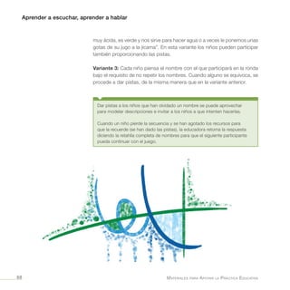 Aprender a escuchar, aprender a hablar
Materiales para Apoyar la Práctica Educativa68
muy ácida, es verde y nos sirve para hacer agua o a veces le ponemos unas
gotas de su jugo a la jícama”. En esta variante los niños pueden participar
también proporcionando las pistas.
Variante 3: Cada niño piensa el nombre con el que participará en la ronda
bajo el requisito de no repetir los nombres. Cuando alguno se equivoca, se
procede a dar pistas, de la misma manera que en la variante anterior.
Dar pistas a los niños que han olvidado un nombre se puede aprovechar
para modelar descripciones e invitar a los niños a que intenten hacerlas.
Cuando un niño pierde la secuencia y se han agotado los recursos para
que la recuerde (se han dado las pistas), la educadora retoma la respuesta
diciendo la retahíla completa de nombres para que el siguiente participante
pueda continuar con el juego.
 