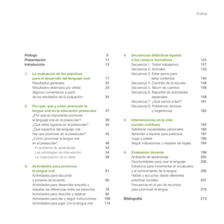 Prólogo
Presentación
Introducción
1.	 La evaluación de las prácticas
para el desarrollo del lenguaje oral
Resultados generales
Resultados obtenidos por viñeta
Algunos comentarios a partir
de los resultados de la evaluación
2.	 Por qué, qué y cómo promover la
	 lengua oral en la educación preescolar
¿Por qué es importante promover
el lenguaje oral en el preescolar?
¿Qué debe lograrse en el preescolar?
¿Qué aspectos del lenguaje oral
hay que promover en el preescolar?
¿Cómo promover la lengua oral
en el preescolar?
El ambiente de aprendizaje
Las estrategias de intervención
La organización de la clase
3.	 Actividades para promover
la lengua oral
Actividades para escuchar
y ponerse de acuerdo
Actividades para desarrollar empatía y
respetar las diferencias entre las personas
Actividades para describir y explicar
Actividades para dar y seguir instrucciones
Actividades para jugar con la lengua oral
4.	 Secuencias didácticas ligadas
a los campos formativos
Secuencia 1. Todos trabajamos
Secuencia 2. Animales
Secuencia 3. Estar sanos para
		 estar contentos
Secuencia 4. Caminito de la escuela
Secuencia 5. Álbum de cuentos
Secuencia 6. Reportes de actividades
especiales
Secuencia 7. ¿Qué vamos a leer?
Secuencia 8. Préstamos, lecturas
y sugerencias
5.	 Intervenciones en la vida
escolar cotidiana
Satisfacer necesidades personales
Aprender a esperar para participar
Jugar y pelear
Seguir indicaciones y respetar las reglas
6.	 Evaluación docente
Ambiente de aprendizaje
Oportunidades para usar el lenguaje
Esfuerzos para incrementar el vocabulario
y el conocimiento de la lengua
Hablar y escuchar desde diferentes
prácticas sociales
Frecuencia en el uso de recursos
para promover la lengua
Bibliografía
9
11
13
17
22
23
34
37
39
43
45
48
53
54
58
61
65
78
92
109
114
125
127
133
140
148
156
158
161
162
183
185
187
190
194
199
202
205
206
207
210
213
Índice
 