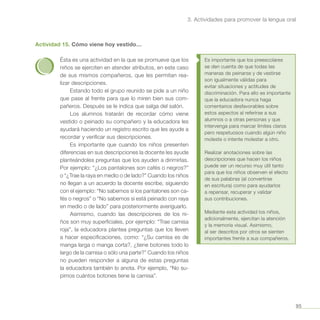 95
3. Actividades para promover la lengua oral
Actividad 15. Cómo viene hoy vestido…
Ésta es una actividad en la que se promueve que los
niños se ejerciten en atender atributos, en este caso
de sus mismos compañeros, que les permitan rea-
lizar descripciones.
Estando todo el grupo reunido se pide a un niño
que pase al frente para que lo miren bien sus com-
pañeros. Después se le indica que salga del salón.
Los alumnos tratarán de recordar cómo viene
vestido o peinado su compañero y la educadora les
ayudará haciendo un registro escrito que les ayude a
recordar y verificar sus descripciones.
Es importante que cuando los niños presenten
diferencias en sus descripciones la docente les ayude
planteándoles preguntas que los ayuden a dirimirlas.
Por ejemplo: “¿Los pantalones son cafés o negros?”
o “¿Trae la raya en medio o de lado?” Cuando los niños
no llegan a un acuerdo la docente escribe, siguiendo
con el ejemplo: “No sabemos si los pantalones son ca-
fés o negros” o “No sabemos si está peinado con raya
en medio o de lado” para posteriormente averiguarlo.
Asimismo, cuando las descripciones de los ni-
ños son muy superficiales, por ejemplo: “Trae camisa
roja”, la educadora plantea preguntas que los lleven
a hacer especificaciones, como: “¿Su camisa es de
manga larga o manga corta?, ¿tiene botones todo lo
largo de la camisa o sólo una parte?” Cuando los niños
no pueden responder a alguna de estas preguntas
la educadora también lo anota. Por ejemplo, “No su-
pimos cuántos botones tiene la camisa”.
Es importante que los preescolares
se den cuenta de que todas las
maneras de peinarse y de vestirse
son igualmente válidas para
evitar situaciones y actitudes de
discriminación. Para ello es importante
que la educadora nunca haga
comentarios desfavorables sobre
estos aspectos al referirse a sus
alumnos o a otras personas y que
intervenga para marcar límites claros
pero respetuosos cuando algún niño
moleste o intente molestar a otro.
Realizar anotaciones sobre las
descripciones que hacen los niños
puede ser un recurso muy útil tanto
para que los niños observen el efecto
de sus palabras (al convertirse
en escritura) como para ayudarlos
a repensar, recuperar y validar
sus contribuciones.
Mediante esta actividad los niños,
adicionalmente, ejercitan la atención
y la memoria visual. Asimismo,
al ser descritos por otros se sienten
importantes frente a sus compañeros.
 