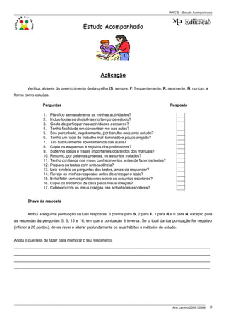 NAC’S – Estudo Acompanhado



                                         Estudo Acompanhado




                                                   Aplicação

       Verifica, através do preenchimento desta grelha (S, sempre, F, frequentemente, R, raramente, N, nunca), a
forma como estudas.

                 Perguntas                                                                  Resposta

                 1.    Planifico semanalmente as minhas actividades?
                 2.    Incluo todas as disciplinas no tempo de estudo?
                 3.    Gosto de participar nas actividades escolares?
                 4.    Tenho facilidade em concentrar-me nas aulas?
                 5.    Sou perturbado, regularmente, por barulho enquanto estudo?
                 6.    Tenho um local de trabalho mal iluminado e pouco arejado?
                 7.    Tiro habitualmente apontamentos das aulas?
                 8.    Copio os esquemas e registos dos professores?
                 9.    Sublinho ideias e frases importantes dos textos dos manuais?
                 10.   Resumo, por palavras próprias, os assuntos tratados?
                 11.   Tenho confiança nos meus conhecimentos antes de fazer os testes?
                 12.   Preparo os testes com antecedência?
                 13.   Leio e releio as perguntas dos testes, antes de responder?
                 14.   Revejo as minhas respostas antes de entregar o teste?
                 15.   Evito falar com os professores sobre os assuntos escolares?
                 16.   Copio os trabalhos de casa pelos meus colegas?
                 17.   Colaboro com os meus colegas nas actividades escolares?


       Chave da resposta


       Atribui a seguinte pontuação às tuas respostas: 3 pontos para S, 2 para F, 1 para R e 0 para N, excepto para
as respostas às perguntas 5, 6, 15 e 16, em que a pontuação é inversa. Se o total da tua pontuação for negativo
(inferior a 26 pontos), deves rever e alterar profundamente os teus hábitos e métodos de estudo.


Anota o que tens de fazer para melhorar o teu rendimento.
_____________________________________________________________________________________________
_____________________________________________________________________________________________
_____________________________________________________________________________________________
_____________________________________________________________________________________________




                                                                                             Ano Lectivo 2005 / 2006   2
 