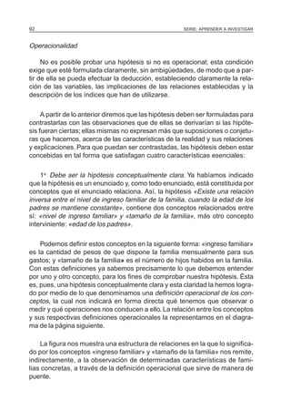 92                                                     SERIE: APRENDER A INVESTIGAR



Operacionalidad

     No es posible probar una hipótesis si no es operacional; esta condición
exige que esté formulada claramente, sin ambigüedades, de modo que a par-
tir de ella se pueda efectuar la deducción, estableciendo claramente la rela-
ción de las variables, las implicaciones de las relaciones establecidas y la
descripción de los índices que han de utilizarse.

     A partir de lo anterior diremos que las hipótesis deben ser formuladas para
contrastarlas con las observaciones que de ellas se derivarían si las hipóte-
sis fueran ciertas; ellas mismas no expresan más que suposiciones o conjetu-
ras que hacemos, acerca de las características de la realidad y sus relaciones
y explicaciones. Para que puedan ser contrastadas, las hipótesis deben estar
concebidas en tal forma que satisfagan cuatro características esenciales:

    1a Debe ser la hipótesis conceptualmente clara. Ya habíamos indicado
que la hipótesis es un enunciado y, como todo enunciado, está constituida por
conceptos que el enunciado relaciona. Así, la hipótesis «Existe una relación
inversa entre el nivel de ingreso familiar de la familia, cuando la edad de los
padres se mantiene constante», contiene dos conceptos relacionados entre
sí: «nivel de ingreso familiar» y «tamaño de la familia», más otro concepto
interviniente: «edad de los padres».

    Podemos definir estos conceptos en la siguiente forma: «ingreso familiar»
es la cantidad de pesos de que dispone la familia mensualmente para sus
gastos; y «tamaño de la familia» es el número de hijos habidos en la familia.
Con estas definiciones ya sabemos precisamente lo que debemos entender
por uno y otro concepto, para los fines de comprobar nuestra hipótesis. Ésta
es, pues, una hipótesis conceptualmente clara y esta claridad la hemos logra-
do por medio de lo que denominamos una definición operacional de los con-
ceptos, la cual nos indicará en forma directa qué tenemos que observar o
medir y qué operaciones nos conducen a ello. La relación entre los conceptos
y sus respectivas definiciones operacionales la representamos en el diagra-
ma de la página siguiente.

    La figura nos muestra una estructura de relaciones en la que lo significa-
do por los conceptos «ingreso familiar» y «tamaño de la familia» nos remite,
indirectamente, a la observación de determinadas características de fami-
lias concretas, a través de la definición operacional que sirve de manera de
puente.
 