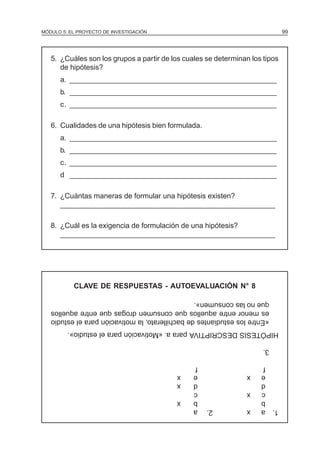 MÓDULO 5: EL PROYECTO DE INVESTIGACIÓN                                        99




   5. ¿Cuáles son los grupos a partir de los cuales se determinan los tipos
      de hipótesis?
      a. ____________________________________________________
      b. ____________________________________________________
      c. ____________________________________________________

   6. Cualidades de una hipótesis bien formulada.
      a. ____________________________________________________
      b. ____________________________________________________
      c. ____________________________________________________
      d ____________________________________________________

   7. ¿Cuántas maneras de formular una hipótesis existen?
      ______________________________________________________

   8. ¿Cuál es la exigencia de formulación de una hipótesis?
      ______________________________________________________




           CLAVE DE RESPUESTAS - AUTOEVALUACIÓN N° 8

   que no las consumen».
   es menor entre aquellos que consumen drogas que entre aquellos
   «Entre los estudiantes de bachillerato, la motivación para el estudio
         HIPÓTESIS DESCRIPTIVA para a. «Motivación para el estudio».

                                                                      3.

                                                f                       f
                                          x     e               x       e
                                          x     d                       d
                                                c               x       c
                                          x     b                       b
                                                a   2.          x    1. a
 