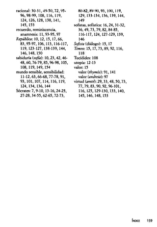 racional: 30-31,49-50,72,95-
96, 98-99, 108, 116, 119,
124, 126,128,138, 141,
145, 153
recuerdo, reminiscencia,
anamnesis: 11, 93-95,97
República: 10,12,15,17,66,
83,95-97,106,113,116-117,
119,123-127,138-139,144,
146,148,150
sabiduría (sofia): 10,23,42, 46-
48, 60,76-79,85,96-98,105,
108, 119,149,154
mundo sensible, sensibilidad:
11-12,63,66-68,77-78,91,
93,101,107,114,116,119,
124,134,136,144
Sócrates: 7,9-10, 13-16,24-25,
27-28,34-55, 62-65,72-73,
80-82, 89-90, 93, 100, 119,
129, 133-134, 136, 139, 144,
149
sofistas, sofística: 16,24,31-32,
36,49,73,79,82,84-85,
116-117,124, 127-129, 139,
146
Sofista (diálogo): 15, 17
Timeo: 15,17,73,89,92,116,
118
Tucídides: 108
utopía: 12-13
valor: 15
valor (thymós): 91,141
valor (andreia): 97
virtud (arete): 29,33,48,50,73,
77,79,83,90,92,96-101,
116,125,129-130,133,140,
145,146,148,153
Índice 159
 