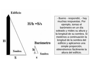 - Bueno - respondió, - hay muchas respuestas. Por ejemplo, tomas el barómetro en un día soleado y mides su altura y la longitud de su sombra. Si medimos a continuación la longitud de la sombra del edificio y aplicamos una simple proporción, obtendremos fácilmente la altura del edificio. 