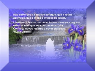 Não deixe que a saudade sufoque, que a rotina
acomode, que o medo o impeça de tentar.
Liberte-se!!! Sempre que puder livre-se da rotina e pegue a
estrada, nem que seja por um único dia.
Conheça novos lugares e novas pessoas.
Viva a Vida!!!!!
 