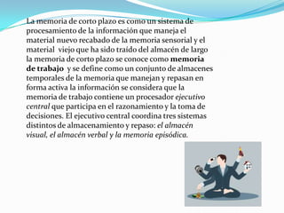 La memoria de corto plazo es como un sistema de
procesamiento de la información que maneja el
material nuevo recabado de la memoria sensorial y el
material viejo que ha sido traído del almacén de largo
la memoria de corto plazo se conoce como memoria
de trabajo y se define como un conjunto de almacenes
temporales de la memoria que manejan y repasan en
forma activa la información se considera que la
memoria de trabajo contiene un procesador ejecutivo
central que participa en el razonamiento y la toma de
decisiones. El ejecutivo central coordina tres sistemas
distintos de almacenamiento y repaso: el almacén
visual, el almacén verbal y la memoria episódica.

 