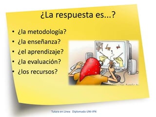 ¿La respuesta es...?
•   ¿la metodología?
•   ¿la enseñanza?
•   ¿el aprendizaje?
•   ¿la evaluación?
•   ¿los recursos?




               Tutora en Línea Diplomado UNI-IPN
 