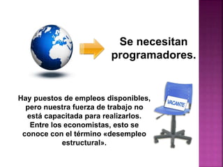 Se necesitan
programadores.
Hay puestos de empleos disponibles,
pero nuestra fuerza de trabajo no
está capacitada para realizarlos.
Entre los economistas, esto se
conoce con el término «desempleo
estructural».
 