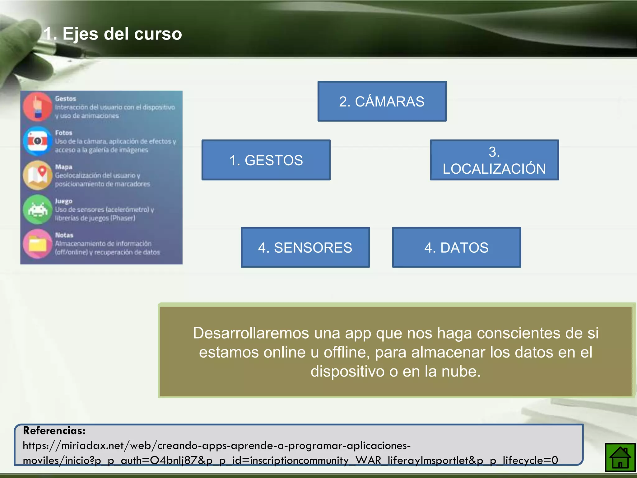 1. Ejes del curso
Company Logo
Referencias:
https://miriadax.net/web/creando-apps-aprende-a-programar-aplicaciones-
moviles/inicio?p_p_auth=O4bnIj87&p_p_id=inscriptioncommunity_WAR_liferaylmsportlet&p_p_lifecycle=0
1. GESTOS
2. CÁMARAS
3.
LOCALIZACIÓN
4. SENSORES 4. DATOS
Aprenderemos cómo detectar los gestos que realiza el usuario
sobre la pantalla táctil de nuestro terminal móvil y a cómo crear
algunas animaciones
Accederemos a la cámara de nuestro terminal, realizaremos
fotografías, aplicaremos filtros y tomaremos imágenes de la
galería.
Aprovechando que los terminales móviles están
geoposicionados, podremos pintar nuestra posición actual en un
mapa, y explorar puntos de interés cercanos.
Desarrollaremos un juego que nos permita explorar el
funcionamiento de sensores como el acelerómetro.
Desarrollaremos una app que nos haga conscientes de si
estamos online u offline, para almacenar los datos en el
dispositivo o en la nube.
 