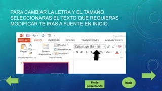 PARA CAMBIAR LA LETRA Y EL TAMAÑO
SELECCIONARAS EL TEXTO QUE REQUIERAS
MODIFICAR TE IRAS A FUENTE EN INICIO.

 