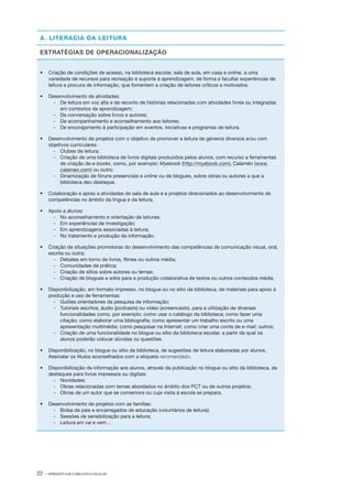 A. LITERACIA DA LEITURA
ESTRATÉGIAS DE OPERACIONALIZAÇÃO
•	 Criação de condições de acesso, na biblioteca escolar, sala de aula, em casa e on­line, a uma
variedade de recursos para recreação e suporte à aprendizagem, de forma a facultar experiências de
leitura e procura de informação, que fomentem a criação de leitores críticos e motivados.
•	 Desenvolvimento de atividades:
‑
­ 	 De leitura em voz alta e de reconto de histórias relacionadas com atividades livres ou integradas
em contextos de aprendizagem;
‑
­ 	 De conversação sobre livros e autores;
‑
­ 	 De acompanhamento e aconselhamento aos leitores;
‑
­ 	 De encorajamento à participação em eventos, iniciativas e programas de leitura.
•	 Desenvolvimento de projetos com o objetivo de promover a leitura de géneros diversos e/ou com
objetivos curriculares:
‑
­ 	 Clubes de leitura;
‑
­ 	 Criação de uma biblioteca de livros digitais produzidos pelos alunos, com recurso a ferramentas
de criação de e­‑books, como, por exemplo: Myebook (http://myebook.com), Calaméo (www.
calameo.com) ou outro;
‑
­ 	 Dinamização de fóruns presenciais e online ou de blogues, sobre obras ou autores a que a
biblioteca deu destaque.
•	 Colaboração e apoio a atividades de sala de aula e a projetos direcionados ao desenvolvimento de
competências no âmbito da língua e da leitura.
•	 Apoio a alunos:
‑
­ 	 No aconselhamento e orientação de leituras;
‑
­ 	 Em experiências de investigação;
‑
­ 	 Em aprendizagens associadas à leitura;
‑
­ 	 No tratamento e produção da informação.
•	 Criação de situações promotoras do desenvolvimento das competências de comunicação visual, oral,
escrita ou outra:
‑
­ 	 Debates em torno de livros, filmes ou outros média;
‑
­ 	 Comunidades de prática;
‑
­ 	 Criação de sítios sobre autores ou temas;
‑
­ 	 Criação de blogues e wikis para a produção colaborativa de textos ou outros conteúdos média.
•	 Disponibilização, em formato impresso, no blogue ou no sítio da biblioteca, de materiais para apoio à
produção e uso de ferramentas:
‑
­ 	 Guiões orientadores da pesquisa de informação;
‑
­ 	 Tutoriais escritos, áudio (podcasts) ou vídeo (screencasts), para a utilização de diversas
funcionalidades como, por exemplo: como usar o catálogo da biblioteca; como fazer uma
citação; como elaborar uma bibliografia; como apresentar um trabalho escrito ou uma
apresentação multimédia; como pesquisar na Internet; como criar uma conta de e­‑mail; outros;
‑
­ 	 Criação de uma funcionalidade no blogue ou sítio da biblioteca escolar, a partir da qual os
alunos poderão colocar dúvidas ou questões.
•	 Disponibilização, no blogue ou sítio da biblioteca, de sugestões de leitura elaboradas por alunos. 	
Assinalar os títulos aconselhados com a etiqueta recomendado.
•	 Disponibilização de informação aos alunos, através da publicação no blogue ou sítio da biblioteca, de
destaques para livros impressos ou digitais:
­‑ 	 Novidades;
‑
­ 	 Obras relacionadas com temas abordados no âmbito dos PCT ou de outros projetos;
‑
­ 	 Obras de um autor que se comemora ou cuja visita à escola se prepara.
•	 Desenvolvimento de projetos com as famílias:
‑
­ 	 Bolsa de pais e encarregados de educação (voluntários de leitura);
‑
­ 	 Sessões de sensibilização para a leitura;
­‑	 Leitura em vai e vem…

22 ·

APRENDER COM A BIBLIOTECA ESCOLAR

 
