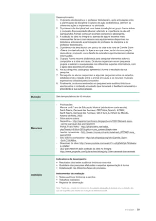 Desenvolvimento:
1.	 O docente da disciplina e o professor bibliotecário, após articulação entre
a planificação da disciplina e o plano de ação da biblioteca, definem as
diferentes ações a implementar na atividade.
2.	 O professor da disciplina fará uma breve introdução ao grupo /turma sobre
o conteúdo Expressividade Musical, referindo a importância da obra O
Carnaval dos Animais como um exemplo completo e abrangente.
3.	 A audição da obra na íntegra ou apenas de alguns excertos mais
interessantes far­ se­ á com recurso aos equipamentos disponíveis na
‑ ‑
biblioteca, articulando a participação do professor da disciplina e do
professor bibliotecário.
4.	 O professor da área aborda um pouco da vida e da obra de Camille Saint­
‑Säens (contextualização da época em que viveu, razão da composição
desta obra), propondo como tarefa de extensão o aprofundamento destas
informações.
5.	 O grupo /turma recorre à biblioteca para pesquisar elementos sobre o
compositor e a obra em causa. Os alunos organizam­ se em pequenos
‑
grupos e realizam a sua pesquisa nos diferentes suportes informativos, com
o apoio dos docentes envolvidos.
6.	 Na aula seguinte, cada grupo apresenta à turma o resultado da sua
pesquisa.
7.	 De seguida os alunos respondem a algumas perguntas sobre os excertos,
estabelecendo a relação entre o animal em causa e os recursos musicais
expressivos utilizados pelo compositor.
8.	 Finalmente, os alunos resolverão um pequeno teste auditivo tímbrico e
escrito sobre o conteúdo em estudo (que fornecerá o feedback necessário) e
procederão à sua autoavaliação.

Duração

Seis tempos letivos de 45 minutos

­‑ 	

Recursos

Publicações:
Manual do 6.º ano de Educação Musical (adotado em cada escola);
Saint­‑Säens, Carnaval des Animaux, CD Philips, Munich, 4/1985 ;
Saint­‑Säens, Carnaval des Animaux, CD et livre, Le Chant du Monde,
Arsenal de Metz, 2000
‑
­ 	 Sítios sobre a obra:
Repertório ­‑ http://repertoriosinfonico.blogspot.com/2007/08/saint­‑sans­
‑camile­‑carnaval­‑dos­‑animais.html
Portal Álvaro Velho ‑ http://alvarovelho.net/index.
­
php?Itemid=91&id=297&option=com_content&task=view
Lendas orquestrais ­ http://asas.chrome.pt/cantodasletrasb_020306/cisne_
‑
saens.html
‑
­ 	 Sítio sobre o compositor: http://pt.wikipedia.org/wiki/Camille_Saint­
‑Sa%C3%ABns
­
‑ 	 Download da obra: http://www.youtube.com/watch?v=p2gDehDpk7Y&featur
e=related
­
‑ 	 Quiz para resolver após audição da obra na íntegra:
http://www.proprofs.com/quiz­‑school/story.php?title=carnaval­‑dos­‑animais
Indicadores de desempenho
•	 Resultados dos testes auditivos tímbricos e escritos
•	 Qualidade das pesquisas efetuadas e respetiva apresentação à turma
•	 Colaboração nas diferentes fases do processo.

Avaliação

Instrumentos de avaliação
•	 Testes auditivos tímbricos e escritos
•	 Trabalhos realizados
•	 Registos de observação
Nota: Propõe-se a criação de instrumentos de avaliação adequados à atividade e/ou a utilização dos
que são sugeridos pelo Modelo de Avaliação da Biblioteca Escolar.

AT I V I D A D E S

· 59

 
