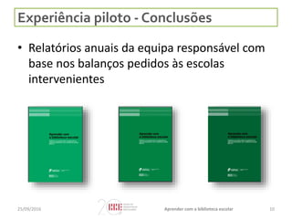 Experiência piloto - Conclusões
• Relatórios anuais da equipa responsável com
base nos balanços pedidos às escolas
intervenientes
25/09/2016 Aprender com a biblioteca escolar 10
 
