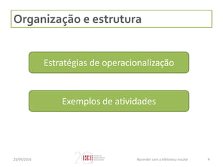 Organização e estrutura
Estratégias de operacionalização
Exemplos de atividades
25/09/2016 4Aprender com a biblioteca escolar
 