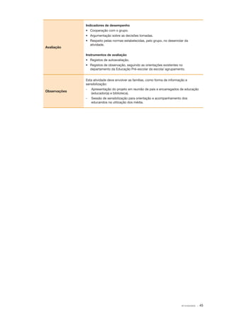 AT I V I D A D E S · 45
Avaliação
Indicadores de desempenho
•	 Cooperação com o grupo.
•	 Argumentação sobre as decisões tomadas.
•	 Respeito pelas normas estabelecidas, pelo grupo, no desenrolar da
atividade.
Instrumentos de avaliação
•	 Registos de autoavaliação.
•	 Registos de observação, seguindo as orientações existentes no
departamento da Educação Pré­‑escolar da escola/ agrupamento.
Observações
Esta atividade deve envolver as famílias, como forma de informação e
sensibilização:
­‑ 	 Apresentação do projeto em reunião de pais e encarregados de educação
(educador(a) e biblioteca).
­‑ 	 Sessão de sensibilização para orientação e acompanhamento dos
educandos na utilização dos média.
 