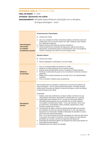 AT I V I D A D E S · 51
REFERENCIAL (ÁREA B): Literacia dos média
NÍVEL DE ENSINO: 3.º ciclo
ATIVIDADE: Apresento­‑me on­line
ENQUADRAMENTO: Atividade desenvolvida em articulação com a disciplina
de língua estrangeira – nível I
Aprendizagens
associadas
ao trabalho
da biblioteca escolar
Conhecimentos/ Capacidades
B. 	Literacia dos média
5.	 Usa uma variedade de média, ferramentas digitais e ambientes sociais de
partilha para criar e comunicar ideias com rigor e eficácia e para interagir
com diferentes audiências.
6.	 Realiza escolhas informadas de produtos mediáticos.
7.	 Utiliza procedimentos avançados de segurança e age de forma ética e
responsável, reconhecendo esses comportamentos como uma exigência
inerente à utilização dos média e da comunicação on­line.
Atitudes/ Valores
B. 	Literacia dos média
3.	 Revela imaginação e criatividade no uso dos média.
Objetivos
da atividade
•	 Ouvir e ver apresentações de pessoas nos média.
•	 Identificar os dados pessoais que as mesmas contêm.
•	 Analisar essas apresentações quanto à revelação de dados pessoais.
•	 Participar na discussão do grupo turma e reconhecer normas de conduta e
segurança.
•	 Refletir sobre os dados pessoais que se pode incluir numa apresentação
mediática.
•	 Criar um produto mediático para se apresentar.
Estratégias/
Tarefas
Esta atividade deve ser planeada e realizada em conjunto pelo professor de
língua estrangeira – nível I e pelo professor bibliotecário. As tarefas deverão
proporcionar momentos de trabalho no domínio da língua e outros de reflexão
na área da literacia dos média.
Preparação
1.	 Seleção, pelos dois professores, de alguns vídeos na Internet, em que
várias pessoas (francesas, espanholas ou alemãs) falem de si próprias.
2.	 Identificação, pelo professor de LE I, do tipo de informação relativa à
identidade dessas pessoas que se pretende que os alunos registem ­‑
numa grelha concebida para o efeito – como, por exemplo: nome; local
de nascimento; nacionalidade; idade; profissão; passatempos; pratos
favoritos; projetos para o futuro.
3.	 Levantamento de alguns momentos dessas apresentações que possam
ser analisados do ponto de vista da observância, ou não, das regras de
segurança na comunicação mediática; elaboração de questões a colocar
aos alunos para realizar esta análise.
	 Nota – Se os alunos ainda não tiverem participado em nenhuma ação sobre
o uso seguro dos média e da Internet, convém realizar com eles algumas
atividades, por exemplo, de entre as sugeridas pela Seguranet.
4.	 Exploração da ferramenta digital a ser proposta aos alunos para fazerem as
suas próprias apresentações.
5.	 Estabelecimento de critérios de avaliação.
 